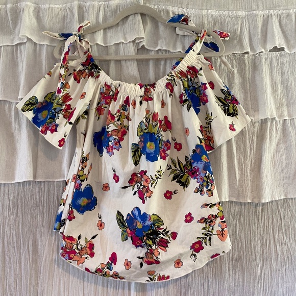 mine Tops - Mine Cold Shoulder Floral Blouse with Ties